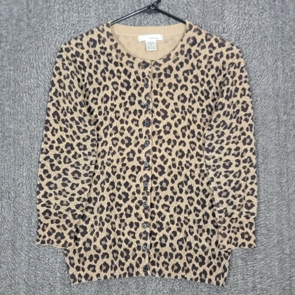 WD NY Cardigan Sweater Womens S Brown Leopard Animal Print 3/4 Sleeve Button Up